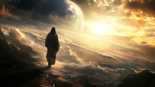 Robed figure walks along luminous clouds on tilted world