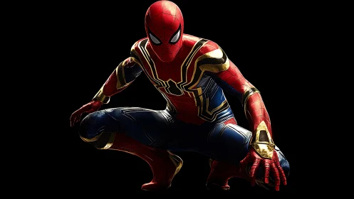 Spider-themed hero crouching in metallic red and gold suit.