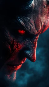Demonic red-eyed profile in cinematic blue shadow glow.