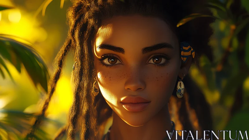 Sunlit jungle portrait with hyperreal subsurface skin rendering.