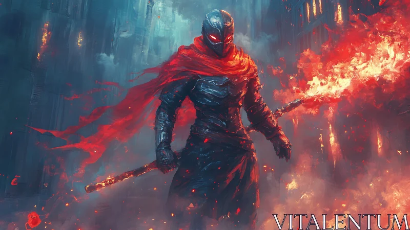 Flame-wreathed futuristic warrior strides through burning city.