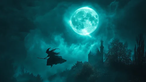 Witch silhouette crossing full moon above dark forest.