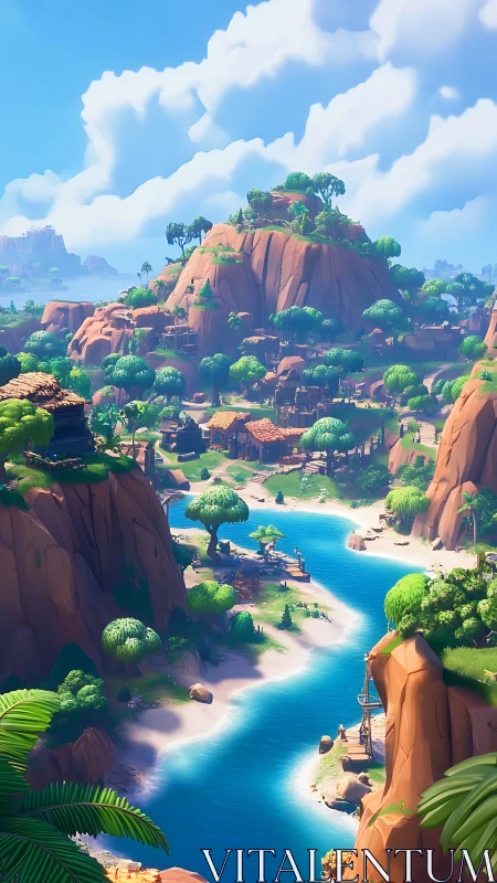 Fantasy valley settlement nestled between towering rock formations