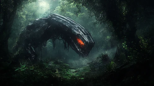 Cybernetic serpent stalks misty jungle with burning core.