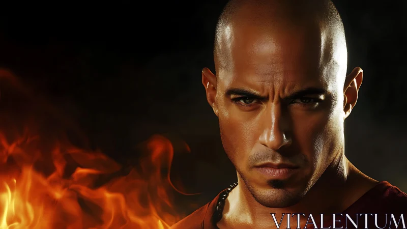 Intense firelit warrior meets your gaze with fierce focus.