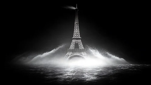 Stormlit Eiffel Tower rises calmly from the dark ocean waves