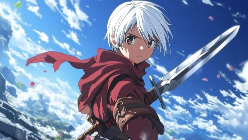 Young anime swordsman in red cloak under bright sky.