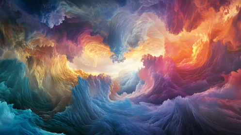 Multicolored abstract cloud vortex with central light source.