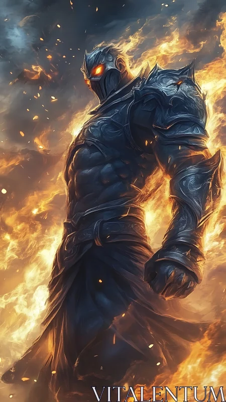 Armored humanoid figure stands amid vertically rising flames