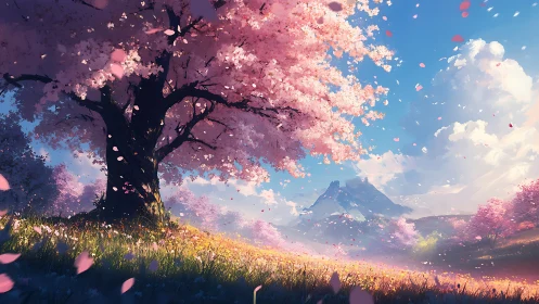 Blossom titan guards a dreamlit valley of drifting petals.