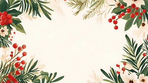 Holiday greenery border with red berries on cream background.