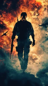 Armed soldier walking through fiery smoke and aircraft.