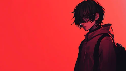 Moody anime boy stands in stark red minimalist light.