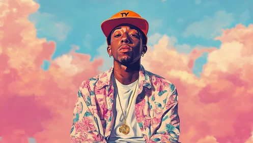 Portrait of man in cap against pastel cloud sky.