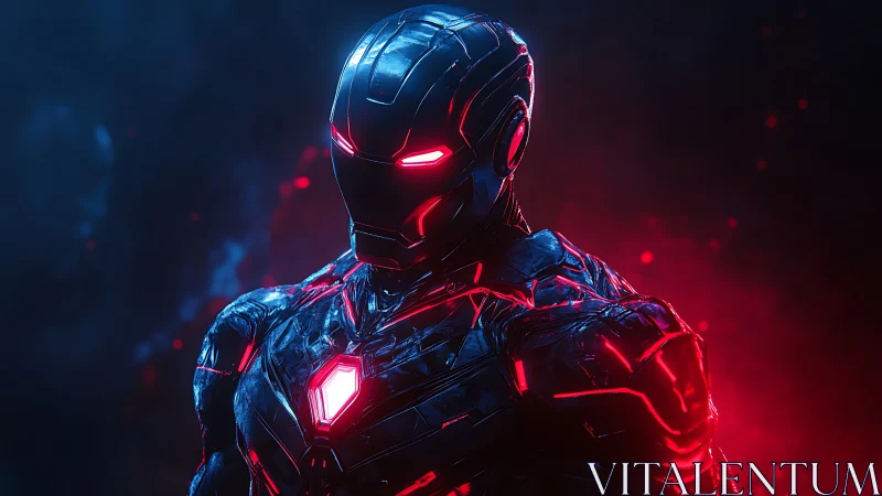 Cybernetic armored warrior under neon red eclipse glow.