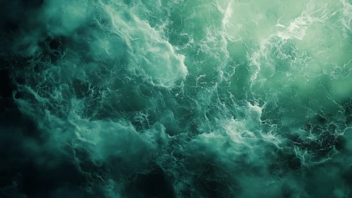 Turbulent teal ocean surface presents swirling foam patterns