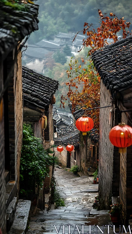 Misty stone alleyway glows with red lanterns at dusk.