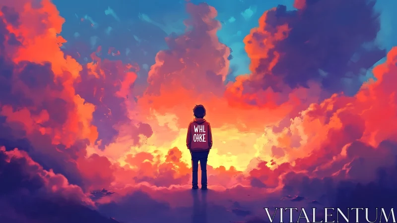 Sunset dreamer standing in a sea of glowing clouds.