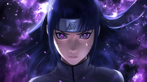 Intense anime kunoichi portrait with glowing violet chakra aura