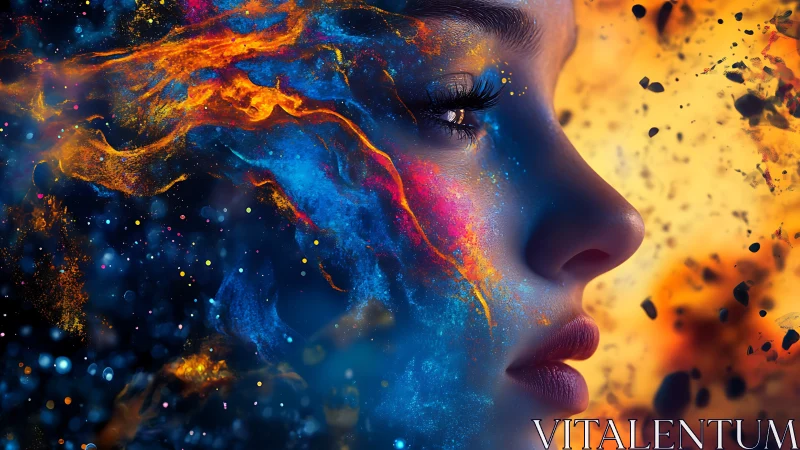 Nebular portrait of woman dissolving into cosmic flames.