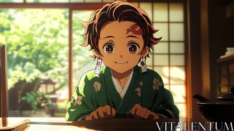 Smiling kimono-clad boy sits in sunlit traditional room