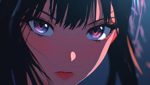 Intense anime closeup with luminous violet eyes and glow.