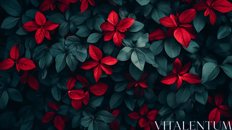 Macro foliage study with teal leaves and crimson accents