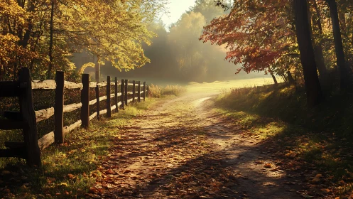 Sunlit country path curves through golden autumn woods.
