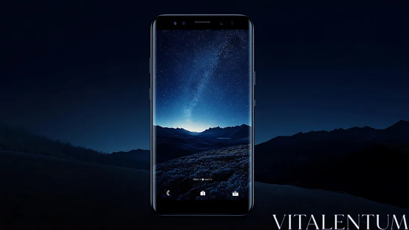 Smartphone displays nocturnal mountain landscape beneath starry sky.