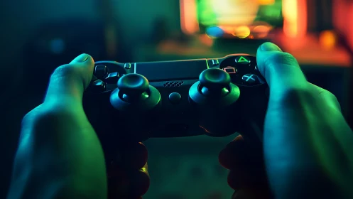 Gamer grips console controller in neon-lit immersive setup.