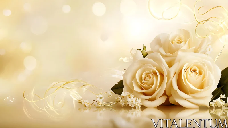Ivory roses on golden bokeh background with soft reflections.
