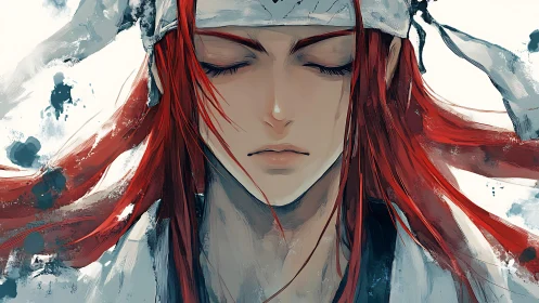 Red haired figure with headband in close frontal portrait.