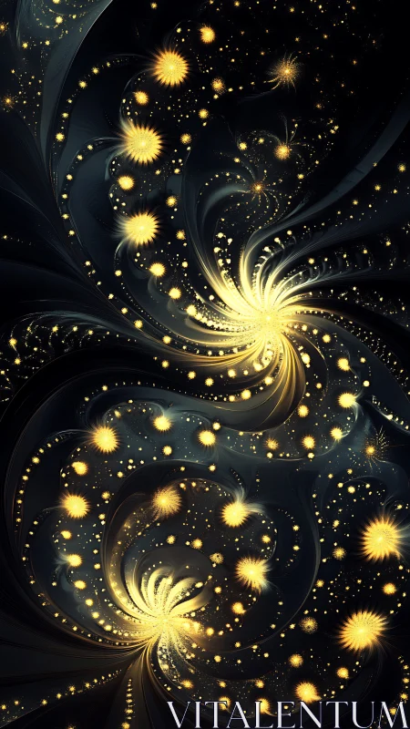 Golden fractal galaxies swirling through dark cosmic void.