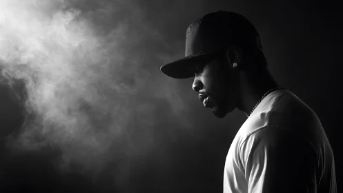Side-lit male profile contrasts with diffuse backlit smoke