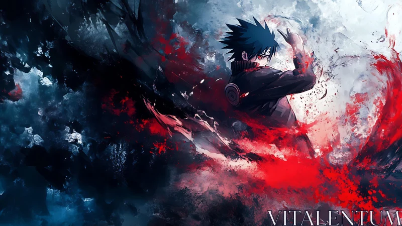 Dynamic anime warrior commands swirling red and blue power
