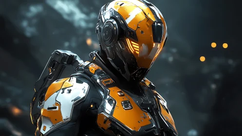 Neon dusk guardian in bright orange sci fi exosuit armor.
