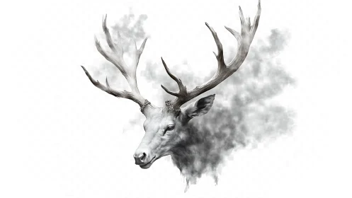 Ethereal stag portrait dissolves into drifting monochrome mist