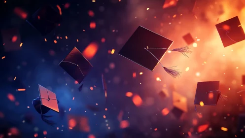 Graduation caps soaring through glowing bokeh sparks.