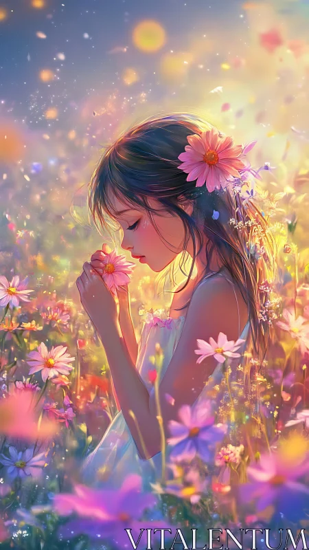 Backlit anime girl in floral meadow rendered in luminous hues