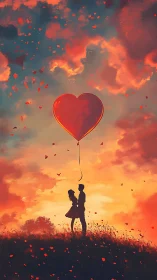 Romantic silhouette couple beneath giant heart balloon at sunset.