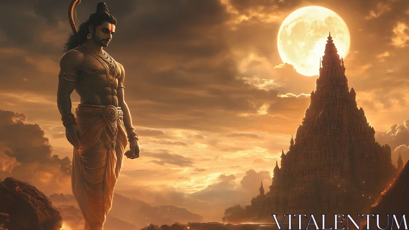 Mythic warrior stands before temple under full moon.