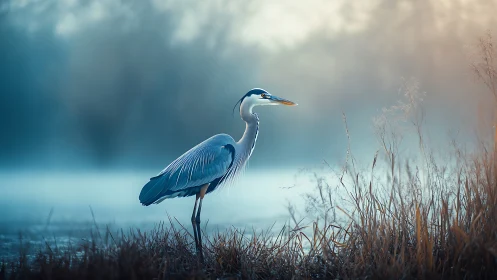 Elegant heron in misty marsh at sunrise, tranquil nature scene.