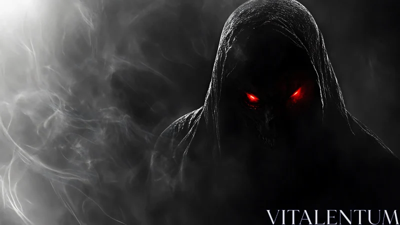 Hooded shadow demon with glowing red eyes in smoke.