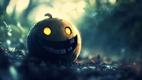 Glowing pumpkin smiles warmly in a misty enchanted forest