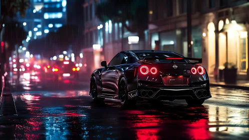 Midnight sports car on neon city street in the rain.