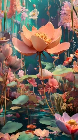 Surreal lotus garden rising over jewel-toned dream pond.