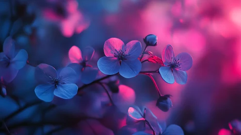 Neon Blossoms: Blue and Pink Flowers in Glowing Light.