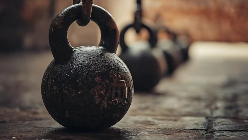 Close-focus depth-of-field study of textured cast-iron kettlebells