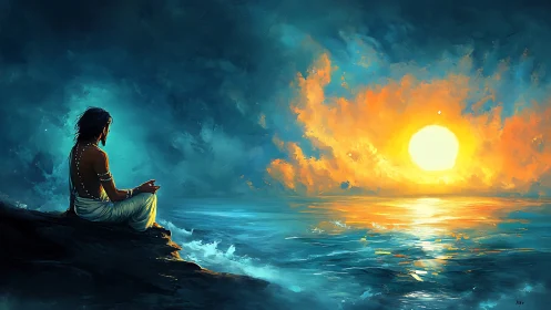 Meditative figure on cliffs before blazing ocean sunrise.