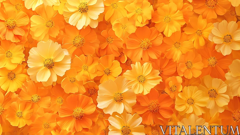 Marigold cosmos flower bed in saturated golden-orange tones.